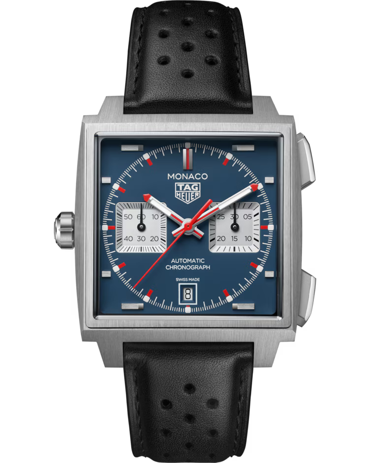 The TAG Heuer Monaco Chronograph Automatic 39mm Watch by TAG Heuer features a square blue dial with two silver subdials, red hands, a date display at 6 o’clock, and a black perforated leather strap.