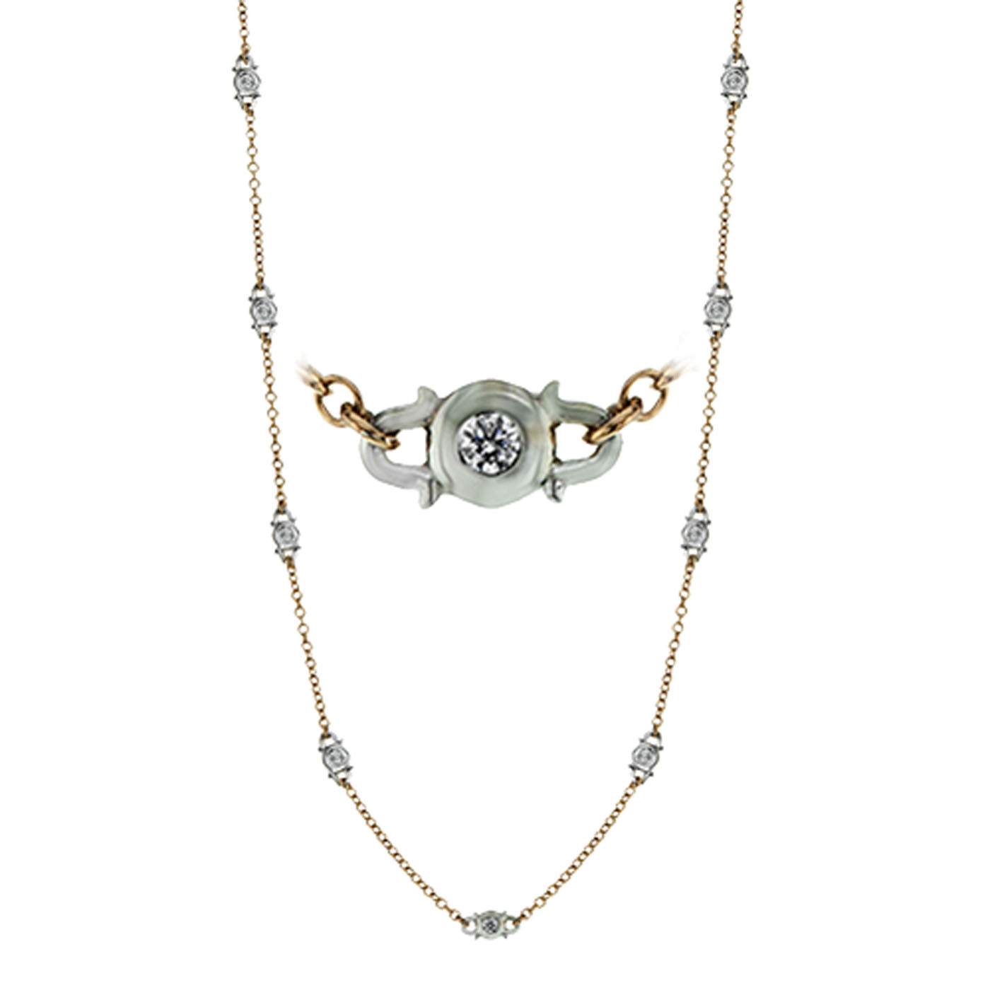 The Simon G. 18K Yellow Gold Diamond Station Necklace by Simon G features a timeless design with a central silver pendant accented by a circular pattern and centered diamond. The gold chain is embellished with evenly spaced small white diamonds along its length.