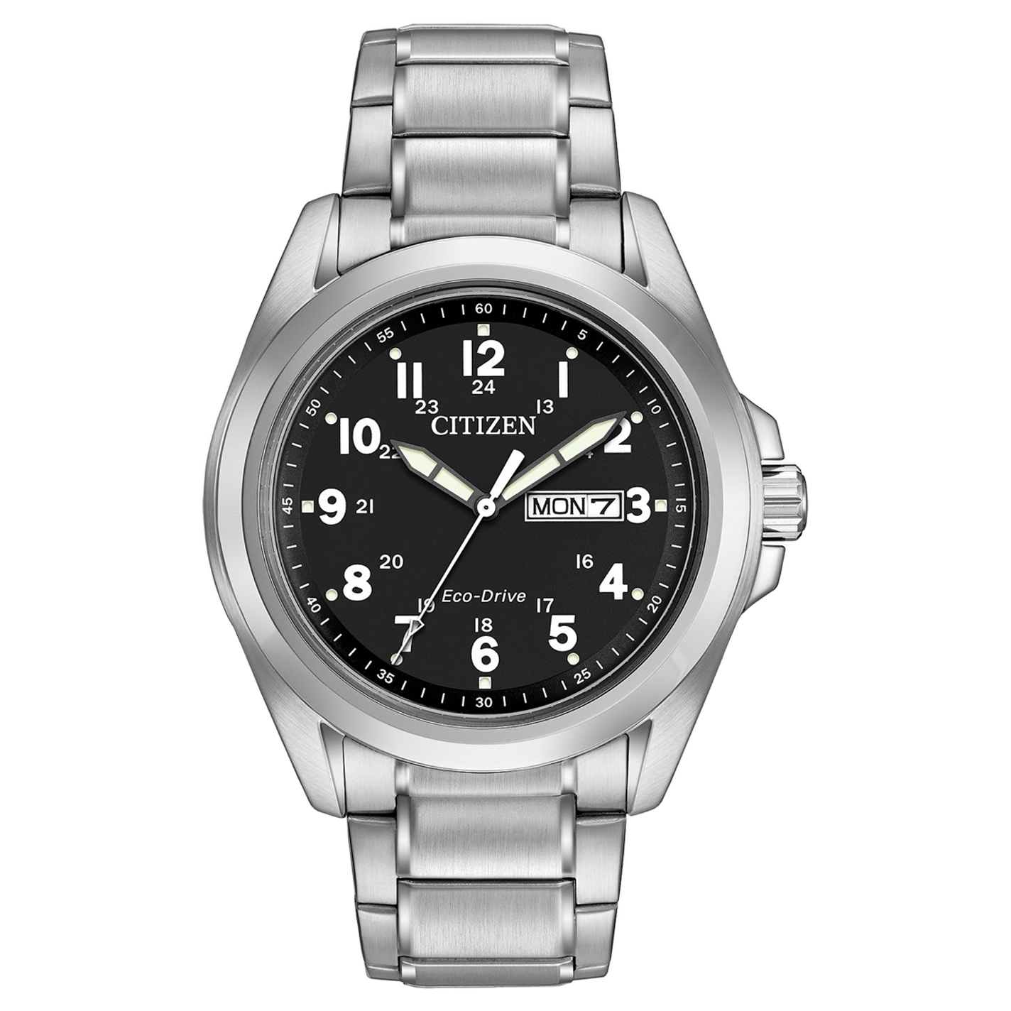 The CITIZEN Garrison Eco-Drive 43mm Watch is a sophisticated timepiece, featuring a silver metal band and a black round dial with white Arabic numerals and luminous hands. It includes a date display showing "Mon 7," a 24-hour clock within the inner circle, and is water-resistant for everyday adventures.