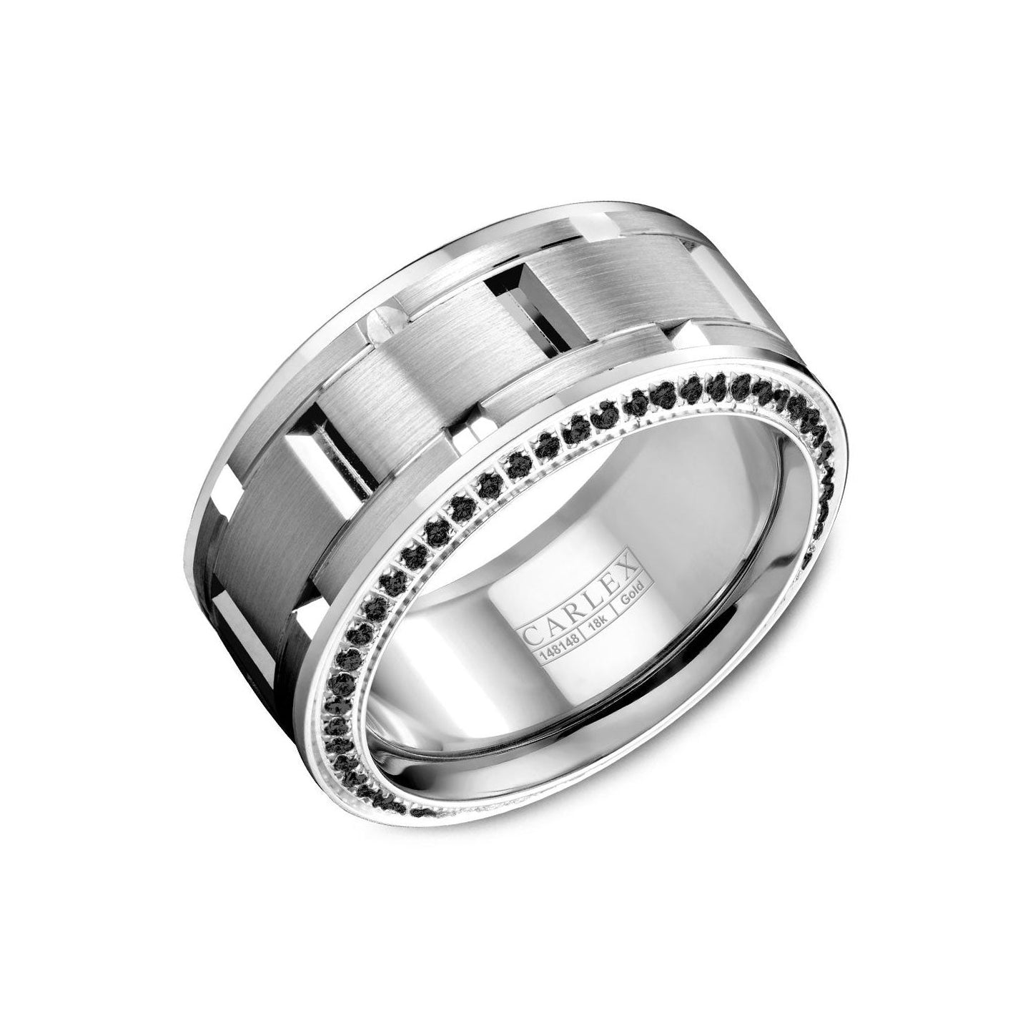 The Crown Ring Carlex High Polish Edge 18K White Gold with Round Brilliant Black Diamond Wedding Band is a sophisticated men's ring designed with a smooth, brushed metal surface and rectangular cutouts. The outer edge elegantly showcases small black diamonds, making it a stunning piece from Crown Ring.
