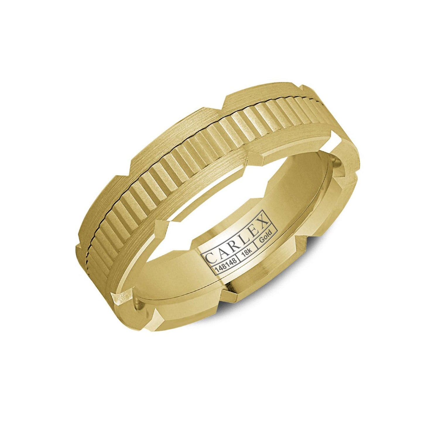 The Crown Ring Carlex Frosted Center 18K Yellow Gold Wedding Band by Crown Ring showcases a frosted center and a textured, ribbed design along its edges. With "18K Gold" engraved inside, this exquisite 18K yellow gold band is a stunning choice for any occasion.