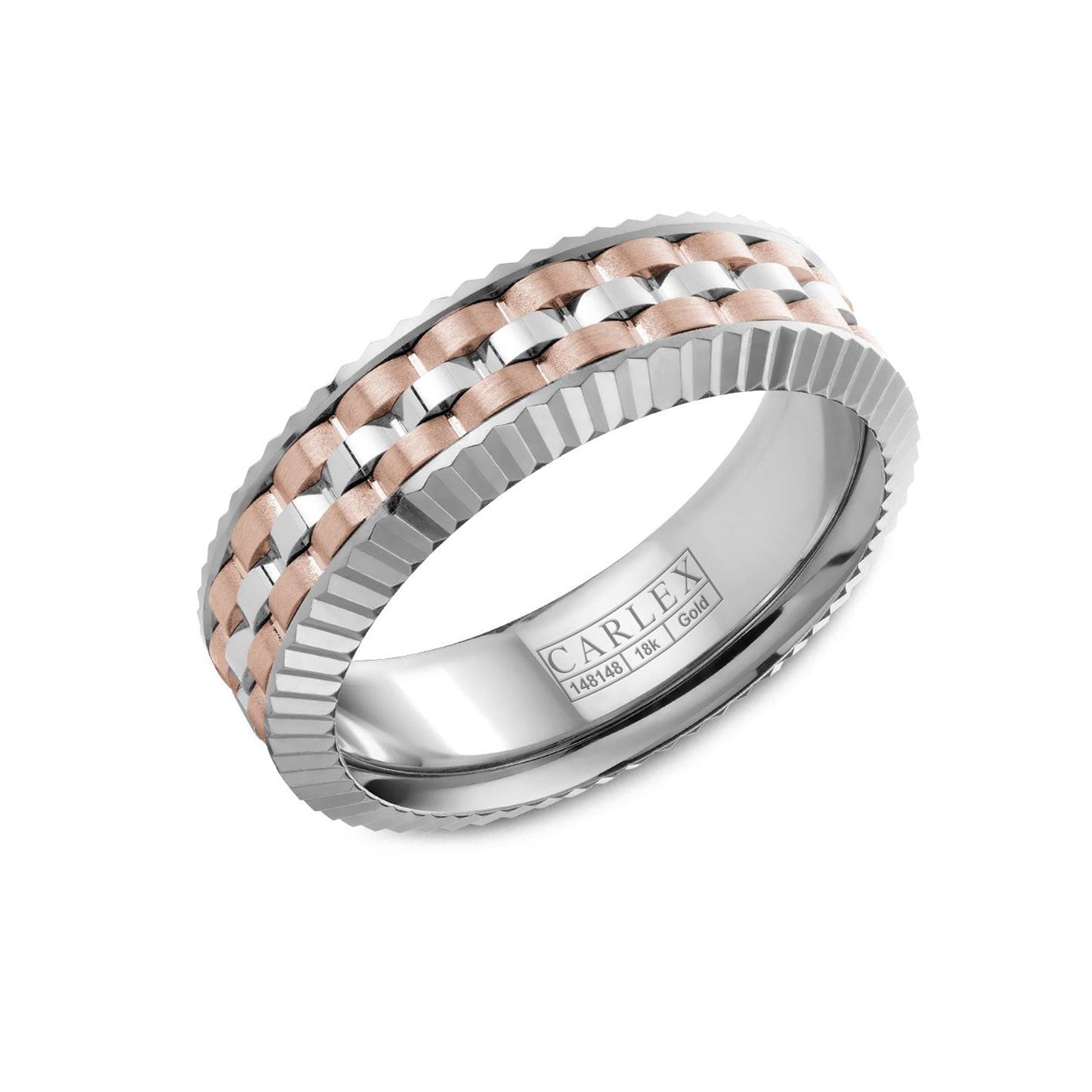This chic expression of love, the Crown Ring Carlex High Polish Finish 14K White & Rose Gold Wedding Band by Crown Ring, showcases a braided design that seamlessly combines white and rose gold bands. The ribbed silver edges provide an elegant frame to the piece, with "Carlex" and additional engravings inside adding a personal touch.