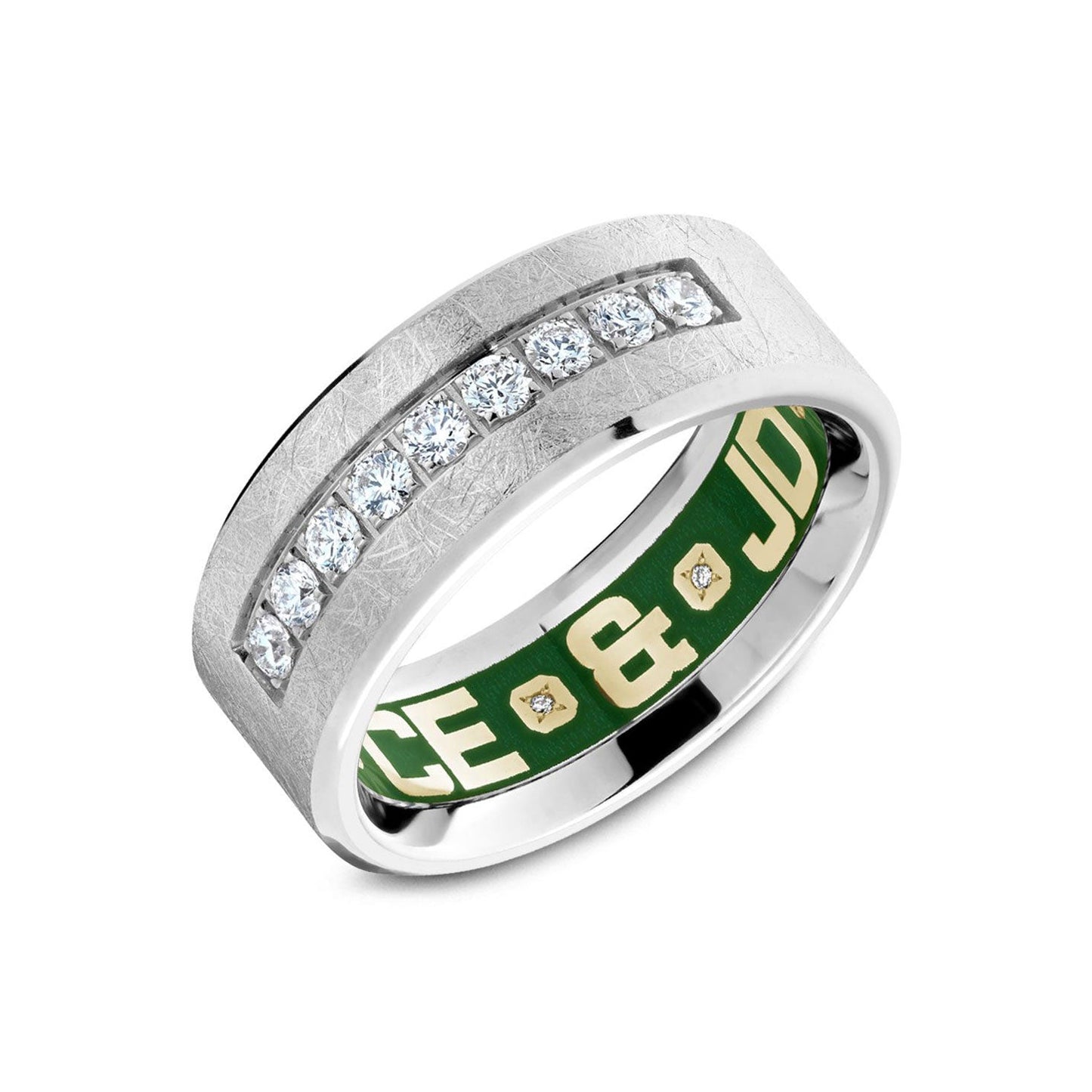 The Crown Ring Carlex Brush Finish 18K White Gold Round Brilliant Diamond Wedding Band showcases a row of shimmering diamonds on its surface. Inside, the text "PEACE & JOY" is inscribed in green and yellow with a star symbol between the words, creating a sophisticated piece from Crown Ring that is perfect for any occasion.