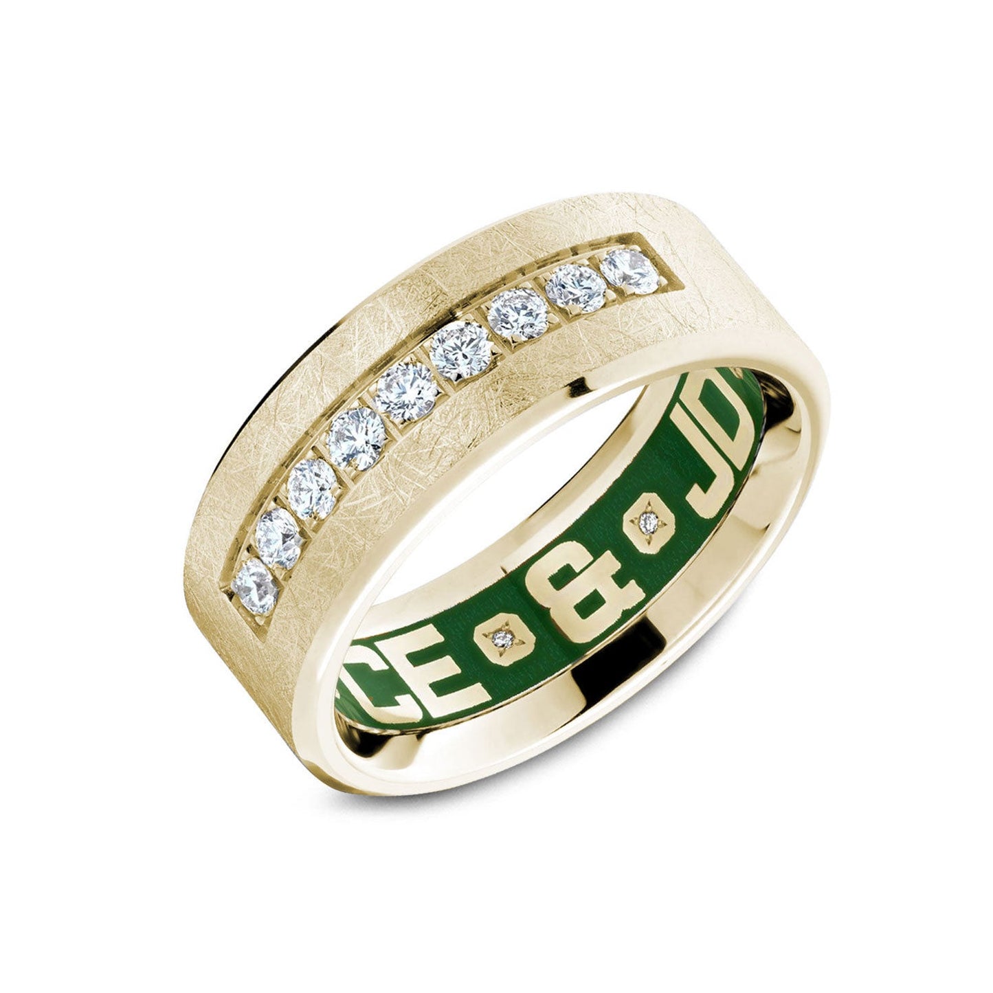 The Crown Ring Carlex Brush Finish 18K Yellow Gold Round Brilliant Diamond Wedding Band showcases a textured 18K yellow gold design that encases a row of round brilliant diamonds. The interior is lined with green enamel and engraved with "ICE & JO," echoing the luxurious style associated with Crown Ring Carlex collections.