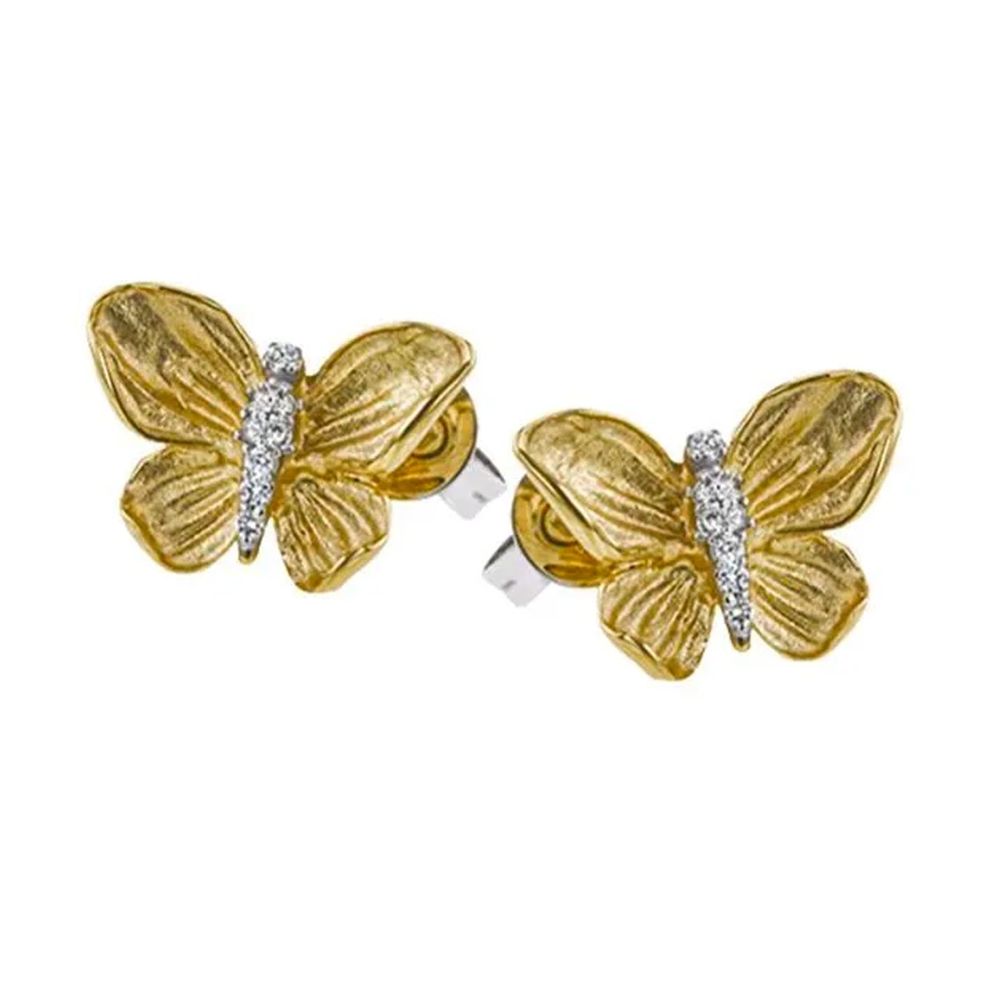 Close-up of Simon G. Butterfly 18K Yellow Gold Diamond Earrings. The wings showcase a textured finish, and the bodies are embellished with small, sparkling gemstones that resemble white diamonds. These elegant earrings come with a post back design.