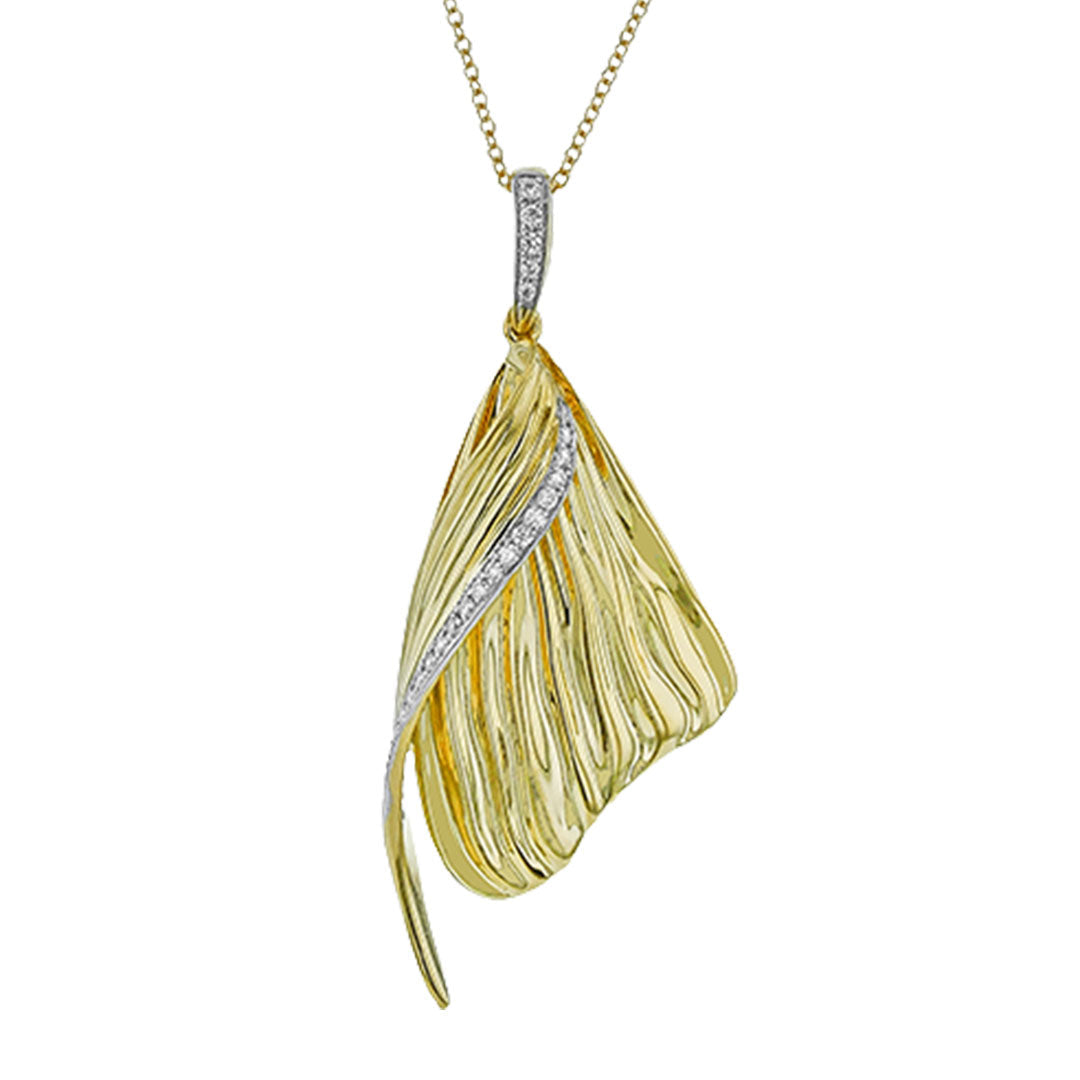 The Simon G. 18K Yellow Gold Diamond Necklace Pendant features a stylized leaf design with curved lines, a diagonal strip of 0.18 CTW round diamonds, and hangs from a fine yellow gold chain.