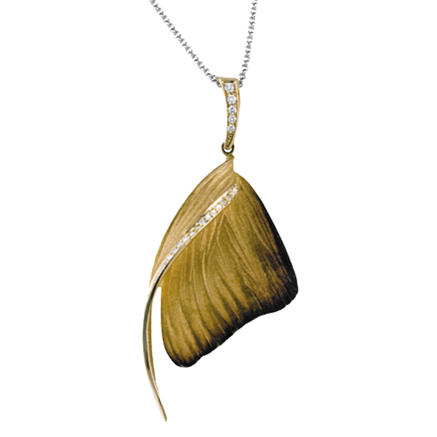 Introducing the Simon G. 18K Yellow Gold Diamond Necklace Pendant, featuring a wood-grain leaf design with a gradient from dark to light brown and adorned with small crystals along the spine, elegantly suspended from a delicate silver chain.