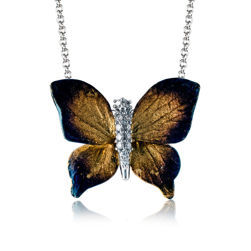 The Simon G. 18K Yellow Gold Diamond Butterfly Necklace Pendant by Simon G features a butterfly pendant with dark brown, gold, and blue wings. Its body sparkles with small gems, complemented by a silver-toned chain that adds elegance. This piece is perfect for those who appreciate unique artistry.