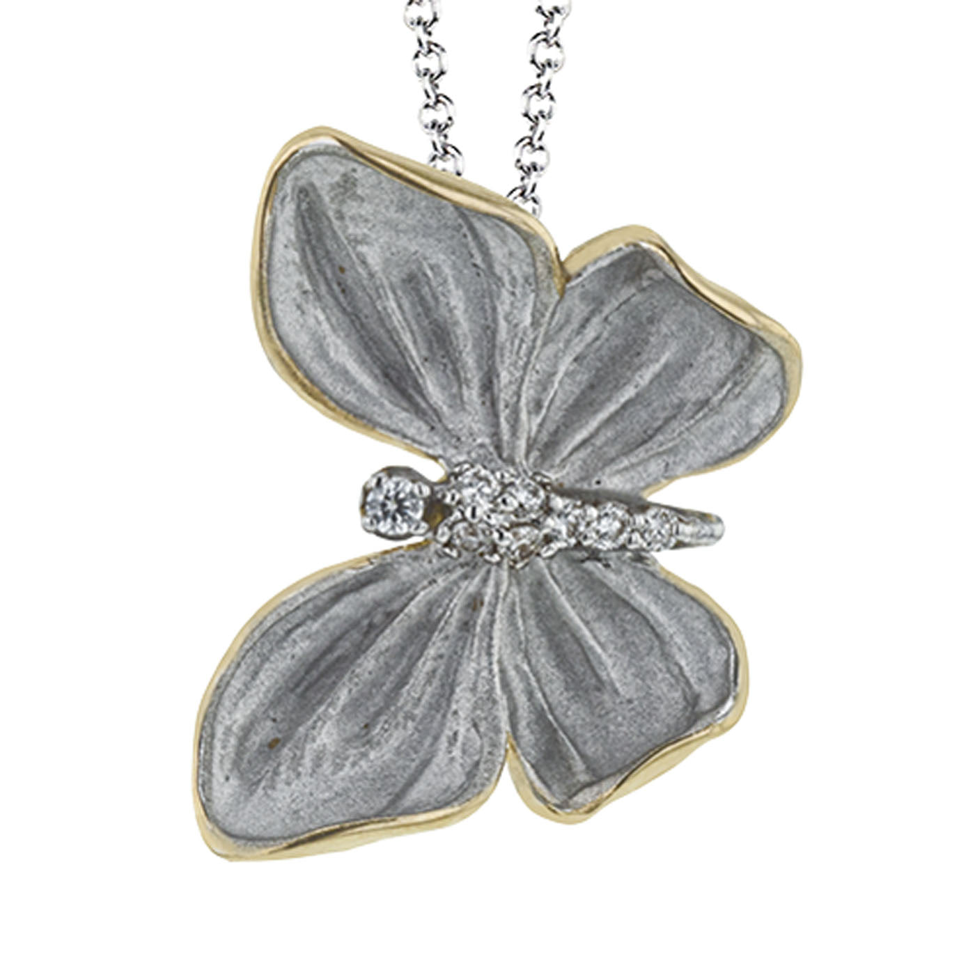 Simon G's White and Yellow Gold Diamond Necklace Pendant features a beautiful butterfly design with a silver texture and gold edges, adorned with small diamonds on the body. This exquisite pendant hangs gracefully from a delicate chain, embodying elegance in every detail.