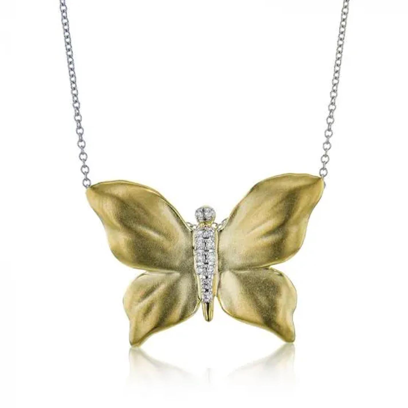 Enhance your elegance with the Simon G. Butterfly 18K Yellow Gold Necklace Pendant, showcasing a captivating butterfly design. The gold-toned wings are embellished with gemstones and a central diamond, all beautifully suspended from a delicate white gold chain.
