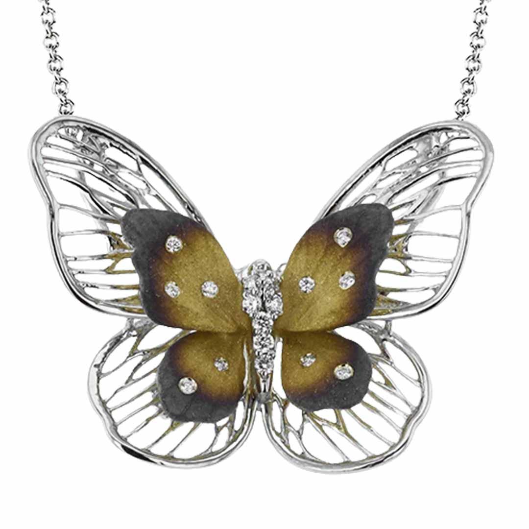 The Simon G. 18K Tri Colour Gold Diamond Necklace Pendant features a butterfly-shaped design with a metallic frame and translucent, gold-tinted wings accented with small, sparkling stones. This intricate piece is beautifully complemented by a delicate chain, making it an exquisite choice for any occasion.