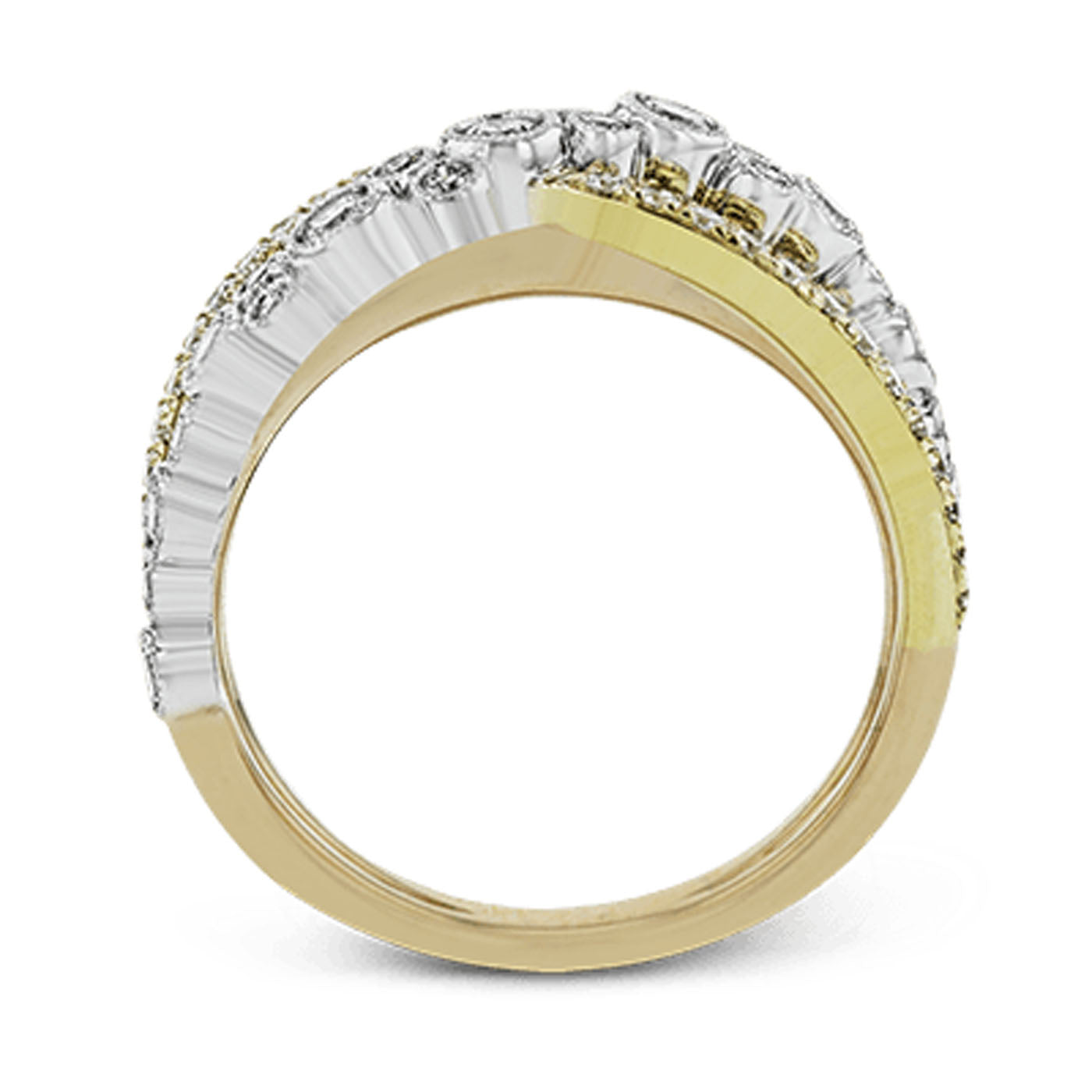 Side view of the Simon G 18K White Gold Diamond Fashion Ring, showcasing a row of baguette-cut diamonds set along its 18-karat white gold band, creating a sparkling and elegant design.