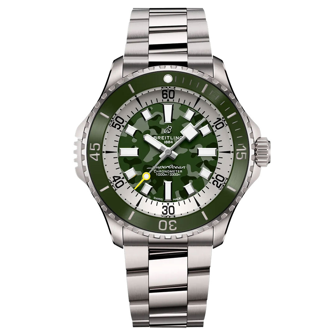 The Breitling Superocean Automatic 46 Super Diver features a stainless steel case, green camouflage-patterned dial with silver markers, a matching green bezel, metal link bracelet, and prominent crown on the right.