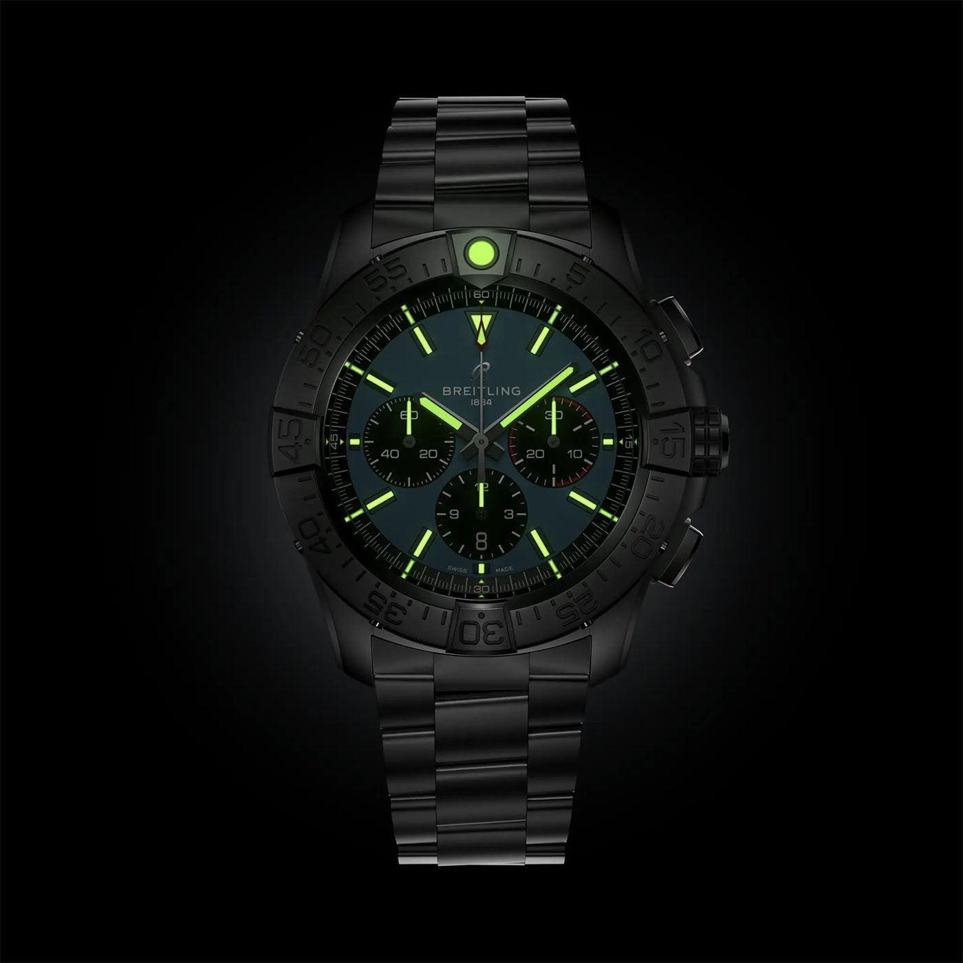 The BREITLING Super Avenger B01 Chronograph 46 by Breitling is a sleek black wristwatch featuring a luminous green dial and chronograph capabilities, embodying an aviation style. It boasts a stainless steel bracelet with prominent hour markers set against a dark background.