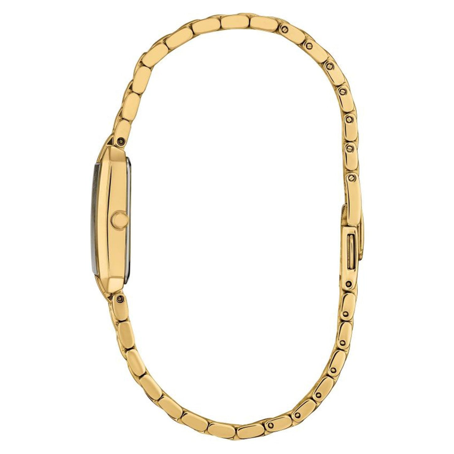 The CITIZEN Classic Eco-Drive 30.5mm x 14.5mm watch displays its sleek side profile, showcasing a smooth linked bracelet and a minimalist watch face encased within a gold-tone frame, with the crown positioned on the right. This timepiece is perfect for those seeking timeless elegance in a classic ladies' style.