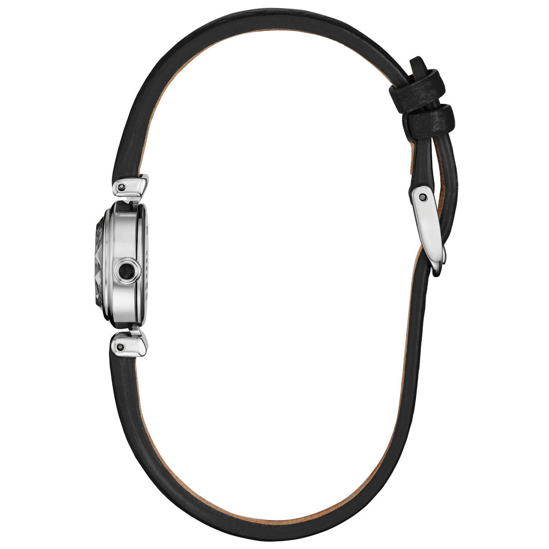Side view of the CITIZEN Fio Eco-Drive 18.4mm Watch by CITIZEN, featuring a petite round silver case and a black leather strap, fastened in a loop with the buckle positioned to the right. The watch face is not visible.
