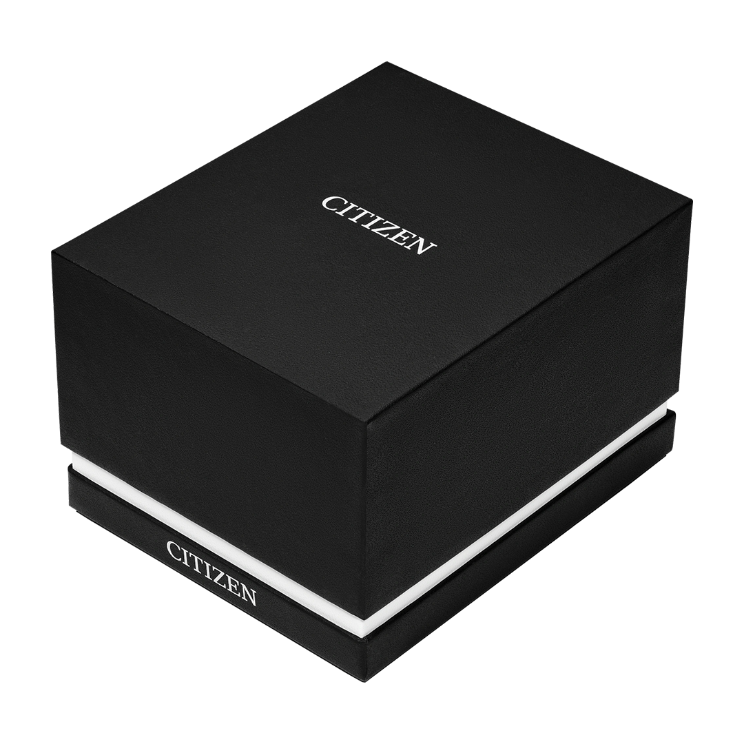 Black square watch box for a gold-tone CITIZEN Fio Eco-Drive 18.4mm Watch, featuring white trim and the brand name printed on the lid and front edge.
