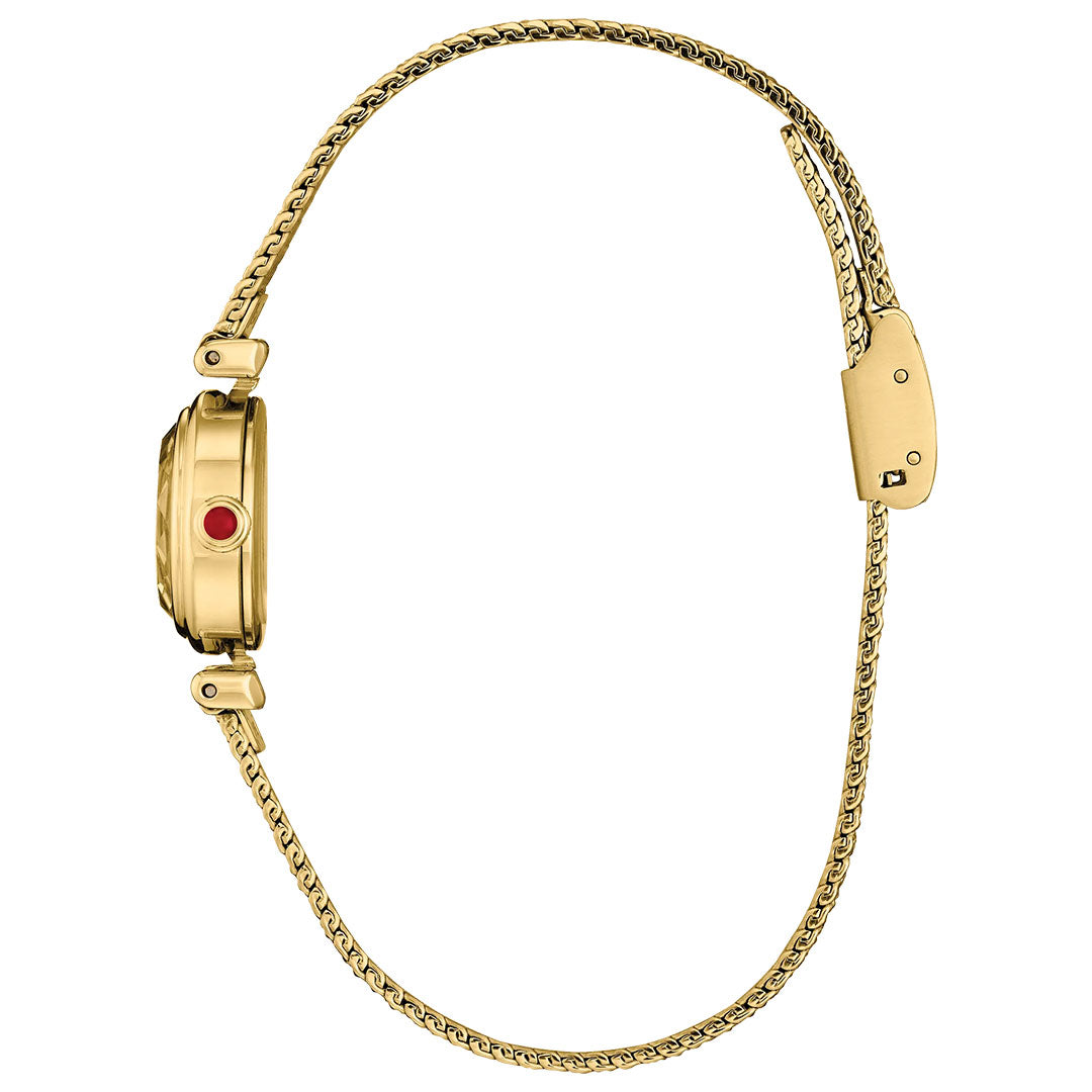 The CITIZEN Fio Eco-Drive 18.4mm Watch by CITIZEN features a thin yellow gold-tone case, round face, delicate chain band, small red crown detail, and a simple clasp—shown here from the side.