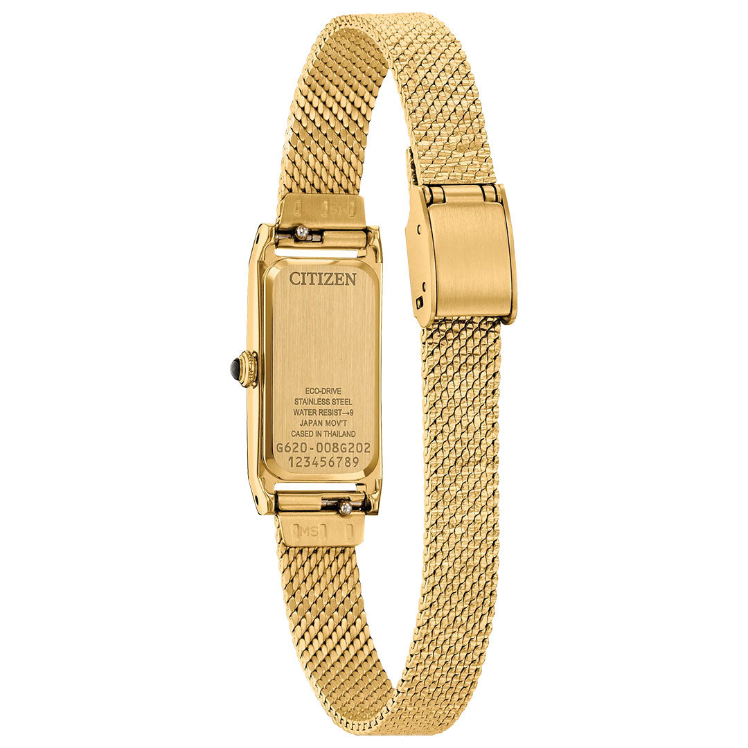 The CITIZEN Fio Eco-Drive 14.3mm Watch features a metallic gold-tone mesh band, engraved details on the back, and a clasp. This sustainable CITIZEN timepiece blends classic elegance with eco-friendly innovation.