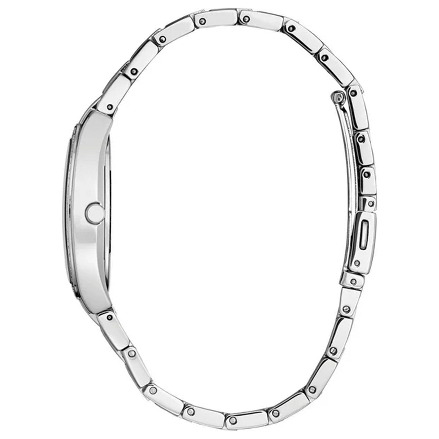 Side view of the CITIZEN Crystal Eco-Drive 28mm Watch, showcasing a sleek, silver design with a slim metal band and minimalist aesthetic. The stainless steel case accentuates its streamlined look, while the clasp adds to its simplicity.