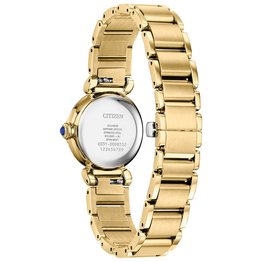 The CITIZEN L Mae Eco-Drive 26mm Watch combines sustainable luxury with a gold finish, stainless steel back, linked strap, and blue crown, highlighting its engravings and the elegance synonymous with the Citizen brand.