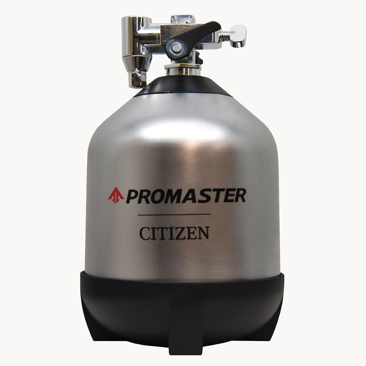 A silver pressurized tank labeled "CITIZEN Promaster Dive Eco-Drive 38.5mm Watch" with a black base and a metal valve on top, inspired by the innovative Eco-Drive technology that powers their renowned dive watches.