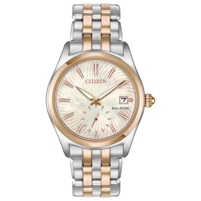 The CITIZEN Corso Eco-Drive 29mm Watch features a striking two-tone rose gold and silver metal bracelet. Its dial displays an elegant wave pattern, accentuated by gold hour markers and hands, with a date display conveniently located at 3 o'clock.