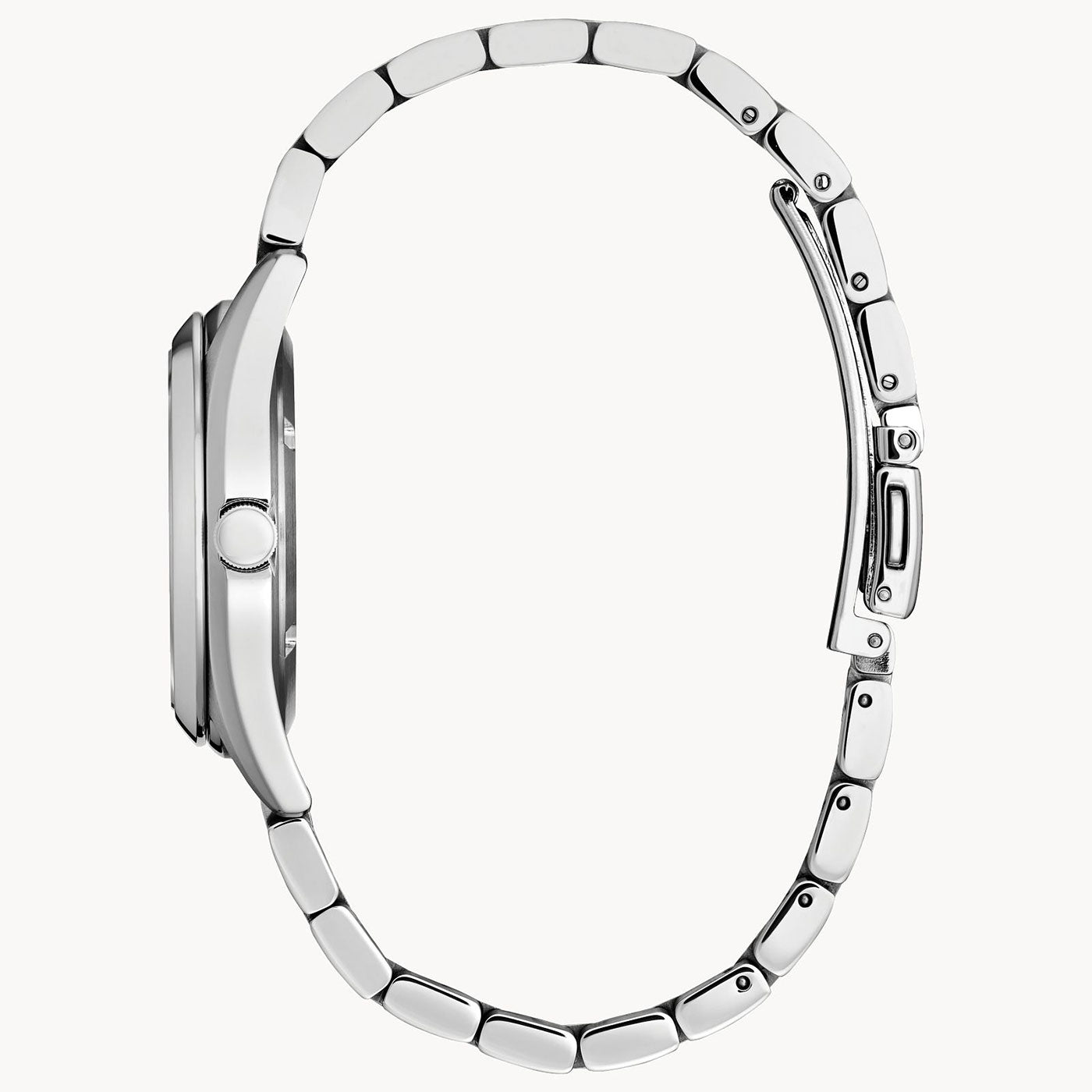 Side view of the CITIZEN Sport Luxury E013 Eco-Drive 33mm Watch, highlighting its sleek silver metal bracelet and circular case with a prominent crown. The wristwatch is elegantly displayed against a plain, off-white background.