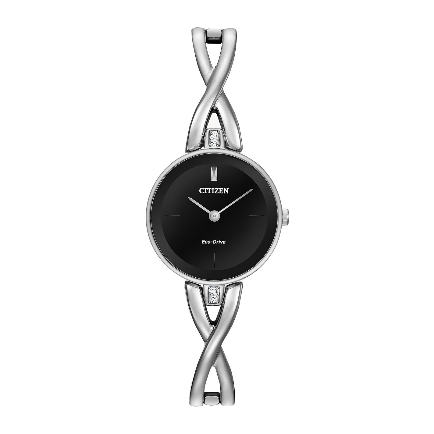 The CITIZEN Axiom Eco-Drive 23mm Watch, crafted from stainless steel, features a black dial. Its minimalist design is highlighted by slender, intertwined strap links and crystal accents adorning both the top and bottom of the face.