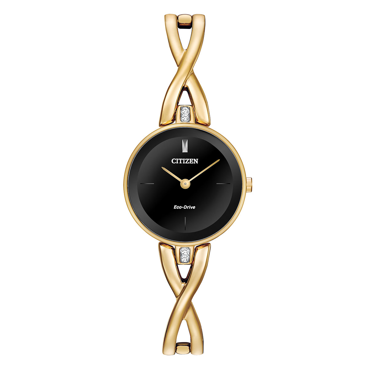 The CITIZEN Axiom Sport Eco-Drive 23mm Watch features a sleek design with a gold-tone stainless steel case, a black dial accented with gold hands, and two diamond details on its intricately crafted band.