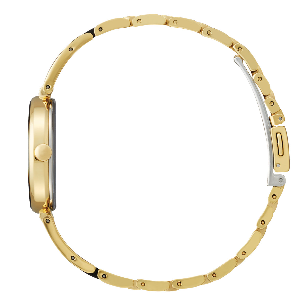 Side view of the CITIZEN Axiom Eco-Drive 23mm Watch, a gold timepiece with a sleek design. It features a simple round case and matching gold link bracelet. This watch from CITIZEN showcases Eco-Drive technology and offers a minimalist profile with a clasp closure.