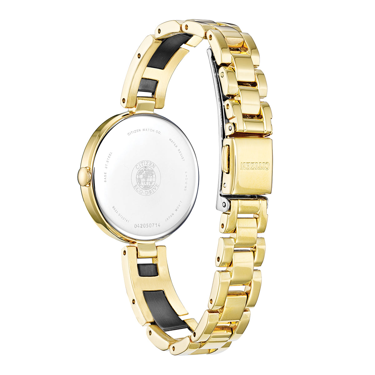 The CITIZEN Axiom Eco-Drive 23mm Watch boasts an elegant gold-toned appearance with a round case and linked bracelet. Incorporating Eco-Drive technology, its design showcases a visible clasp on the right side to enhance its sophisticated look.