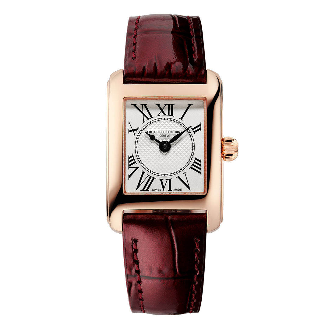 Experience timeless elegance with the Frederique Constant Classics Carree Quartz 23mm x 21mm Watch. Crafted by Frederique Constant, this sophisticated women’s luxury timepiece from the Carree collection features a rectangular gold case, a white dial adorned with black Roman numerals and a textured center, and is beautifully paired with a burgundy leather strap showcasing an exquisite crocodile pattern.