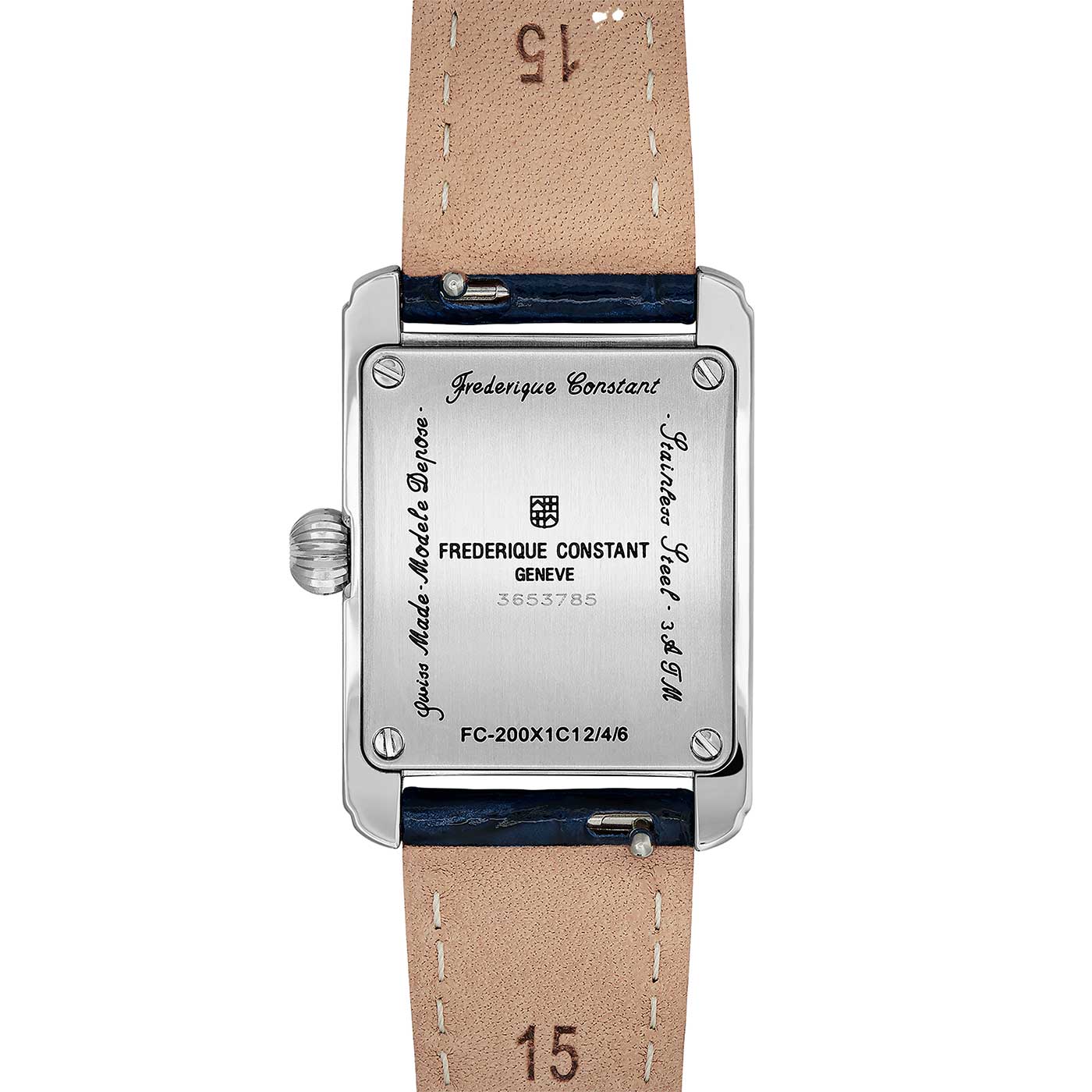 The image showcases the back of a rectangular stainless steel Frederique Constant Classics Carree Ladies Quartz watch, complete with a brown leather strap that exudes luxury. The brand's name, model details, and "Swiss Made" are prominently visible. Notably, the strap bears the number "15.