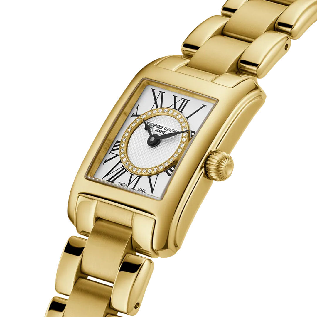 The Frederique Constant Classics Carree Quartz 23mm x 21mm ladies watch features a polished gold rectangular case, Roman numeral dial, diamond accents, gold-tone hands and crown, and a sleek gold metal link band.