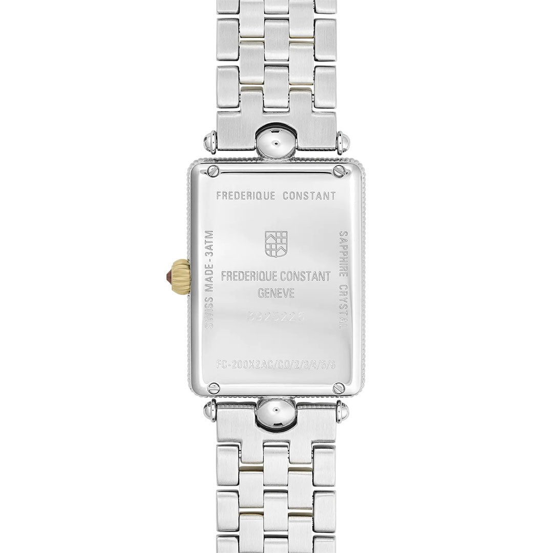 The image displays the back of a silver Frederique Constant Classics Art Deco Carree Quartz 28mm x 20.7mm watch with a metallic link band, engraved brand name and specs, plus a gold crown on the side.