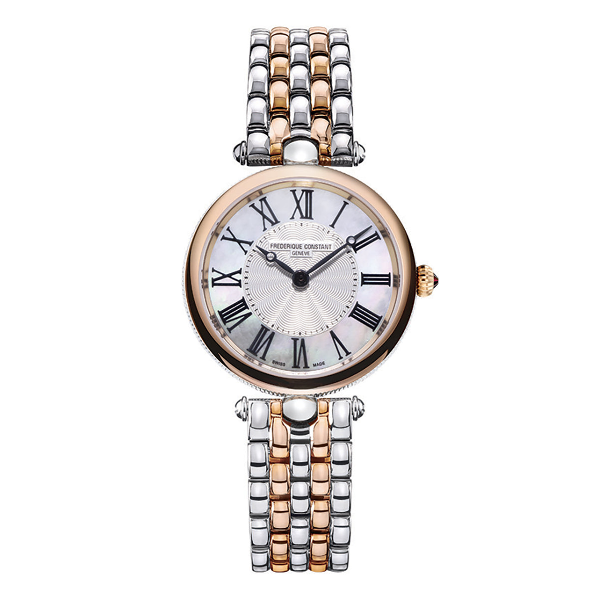 Presenting the Frederique Constant Classics Art Deco Quartz 30mm Watch, a luxury timepiece featuring a round face with Roman numerals and a striking two-tone rose gold and silver linked band. This watch showcases an Art Deco-inspired design, complete with an intricate central pattern on the dial.