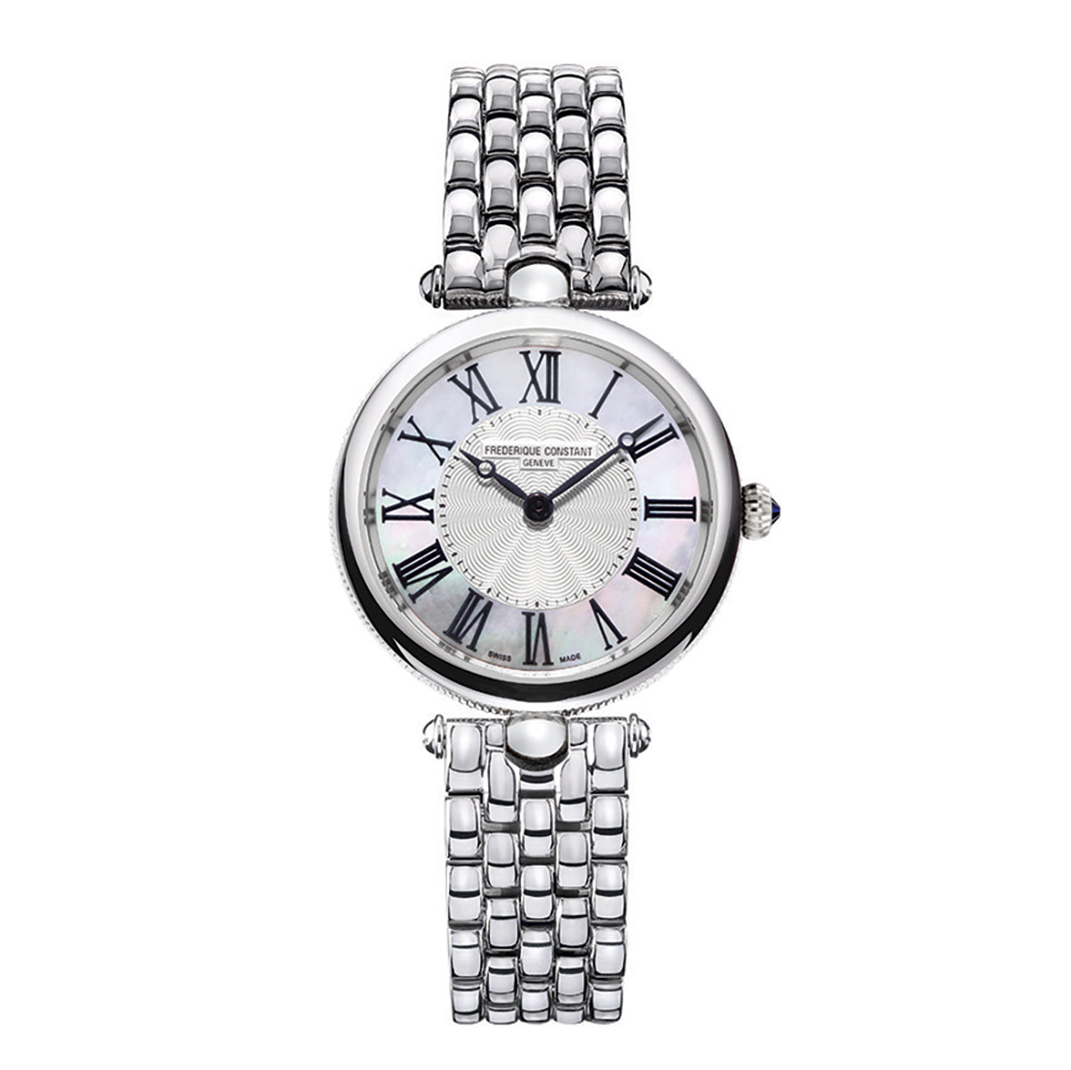 The Frederique Constant Classics Art Deco Quartz 30mm Watch by Frederique Constant is an elegant silver wristwatch featuring a round face with Roman numerals, embodying the charm of the Art Deco style. The dial boasts a mother-of-pearl background, enhanced by a polished stainless steel bracelet crafted from interlocking metal links.