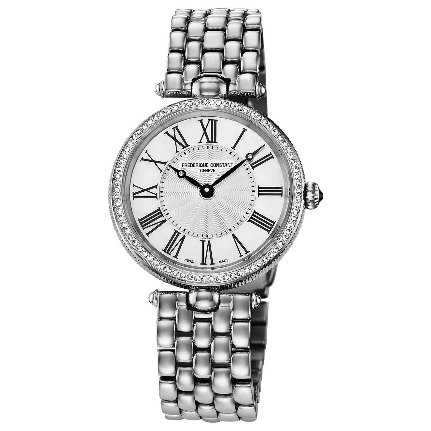 A luxury wristwatch, the Frederique Constant Classics Art Deco Quartz 30mm Watch, boasts a silver metal band and a round face. Embellished with sparkling diamonds around the bezel, it showcases Roman numerals and two subdials on a Mother-of-Pearl face, elegantly highlighting the Frederique Constant brand name.