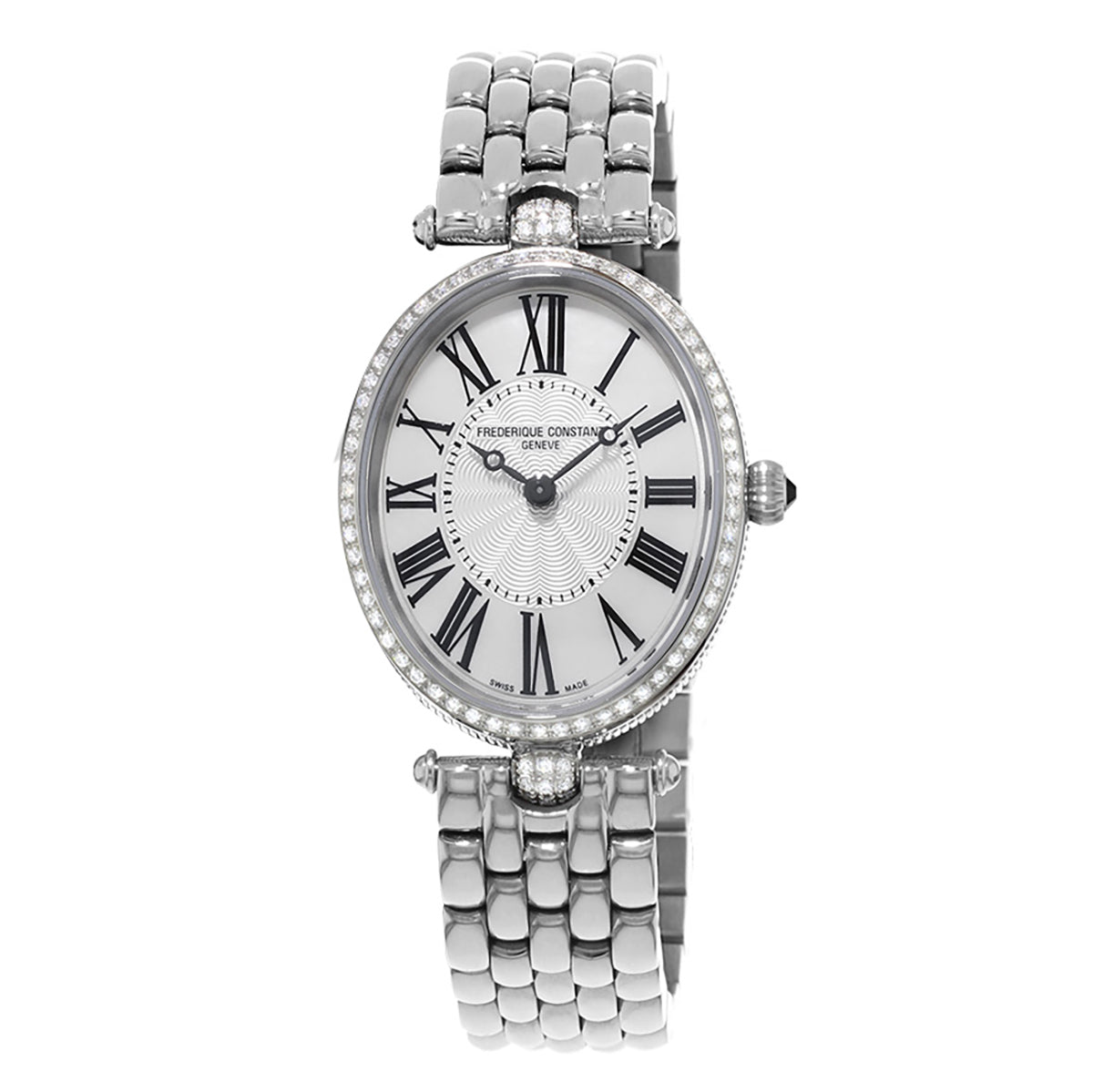 The Frederique Constant Classics Art Deco Quartz 30mm x 25mm Watch is a silver luxury watch that showcases a textured mother-of-pearl face adorned with black Roman numerals and bejeweled edges. The name "Frederique Constant Geneve" elegantly graces the dial, and it features a linked metal band for a touch of timeless elegance.