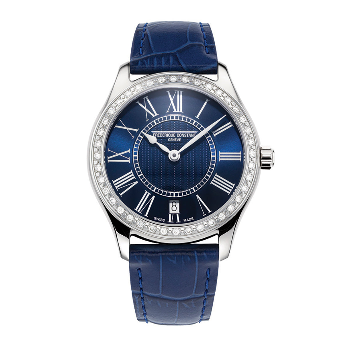 The Frederique Constant Classics Quartz 36mm Watch is a luxury timepiece by Frederique Constant, featuring a round stainless steel case and a sophisticated blue leather strap. The watch showcases a blue dial adorned with Roman numerals and includes a small date display at the bottom. Its bezel is elegantly decorated with small, sparkling stones to enhance its refined look.