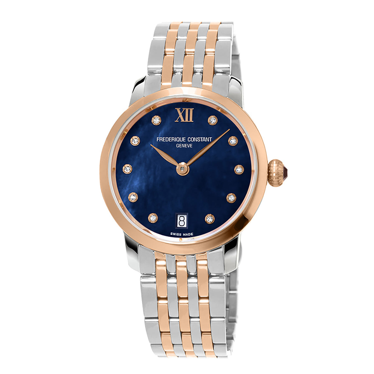 Introducing the Frederique Constant Slimline Quartz 30mm Watch, a luxury timepiece for ladies that boasts a sophisticated two-tone metal band in silver and rose gold. It features an elegant deep blue face adorned with a rose gold Roman numeral at 12 o'clock, sparkling diamond hour markers, and a date display positioned above 6 o'clock.