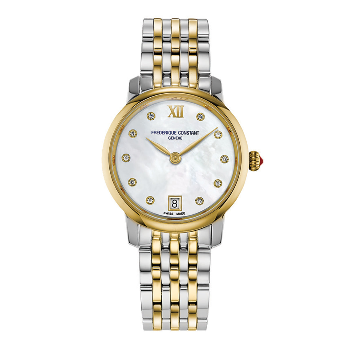 The Frederique Constant Classics Slimline Quartz 30mm Watch boasts a gold and silver design with a mother-of-pearl dial, Roman numeral XII, and round diamond hour markers. It includes a date display at the 6 o'clock position alongside the "FREDERIQUE CONSTANT" branding. The Slimline Ladies bracelet features alternating gold and silver links.