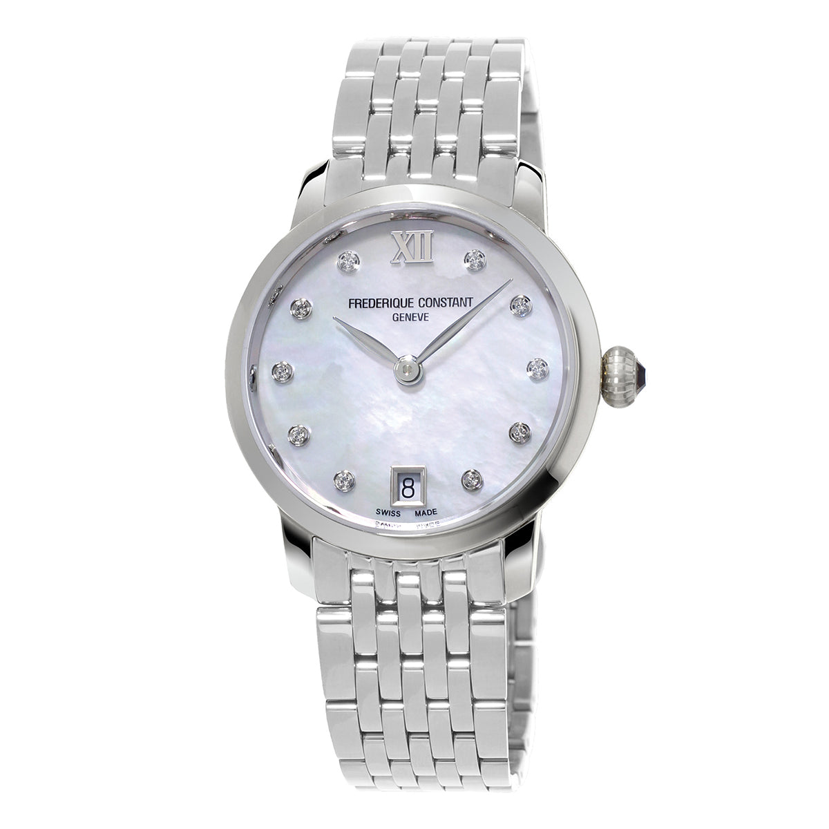 The Frederique Constant Classics Slimline Quartz 30mm Watch showcases a silver finish with a mother-of-pearl dial, embellished with diamond hour markers and a prominent Roman numeral XII. This sophisticated timepiece is accompanied by a stainless steel bracelet and features a date display at the 6 o'clock position.