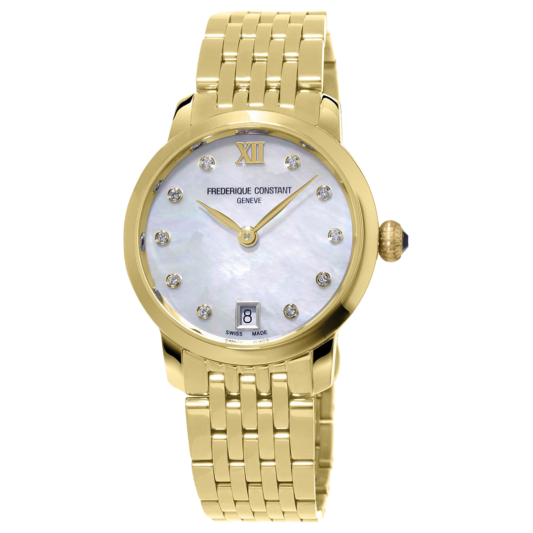 Frederique Constant Slimline Quartz 30mm Watch in gold-tone, featuring a mother-of-pearl dial with diamond hour markers and a gold-plated link bracelet.