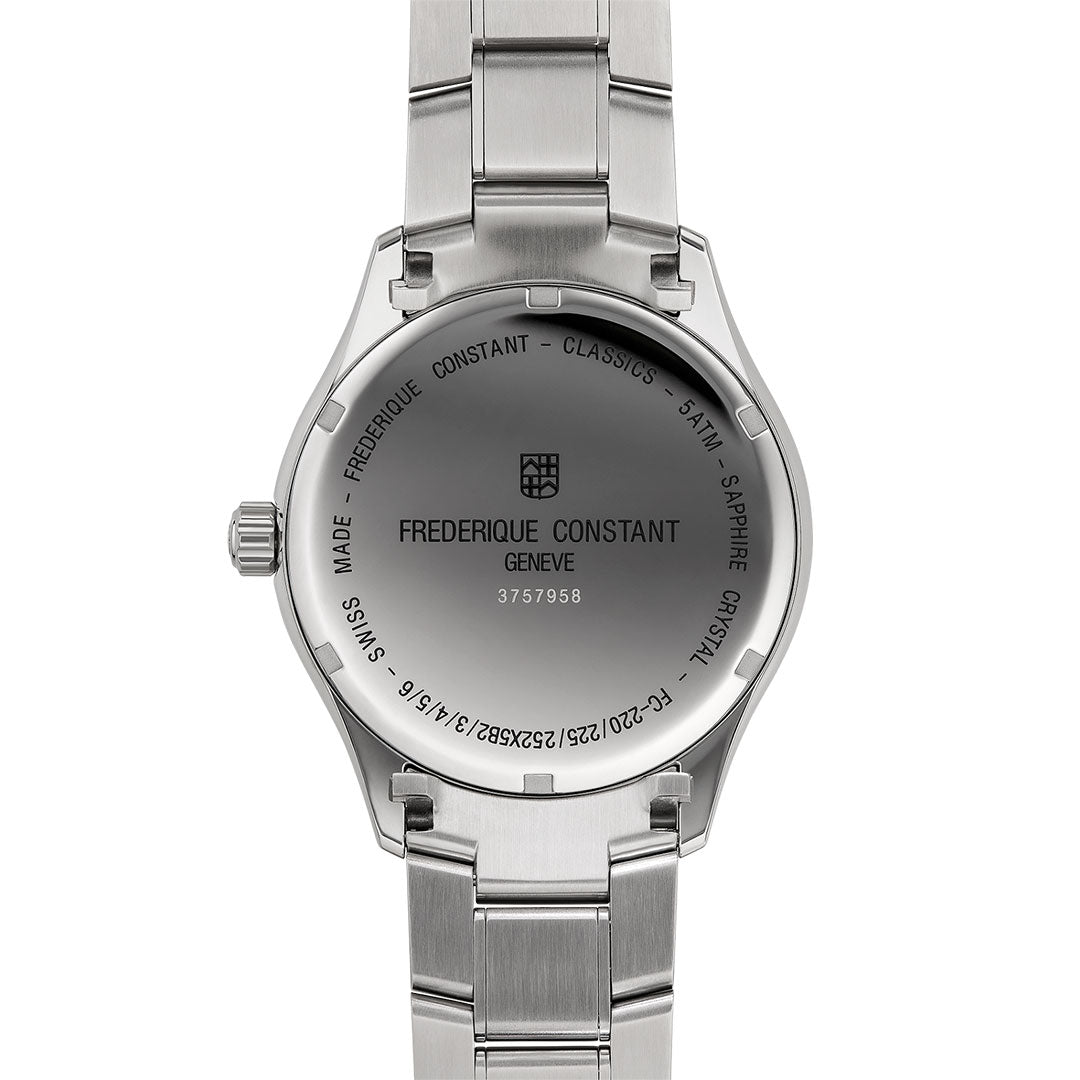 The Frederique Constant Classics Quartz 40mm Watch features a stainless steel case with engraved brand, model, water resistance, and sapphire crystal details on the back. Its elegant metal link bracelet is ideal for any Frederique Constant quartz watch lover.