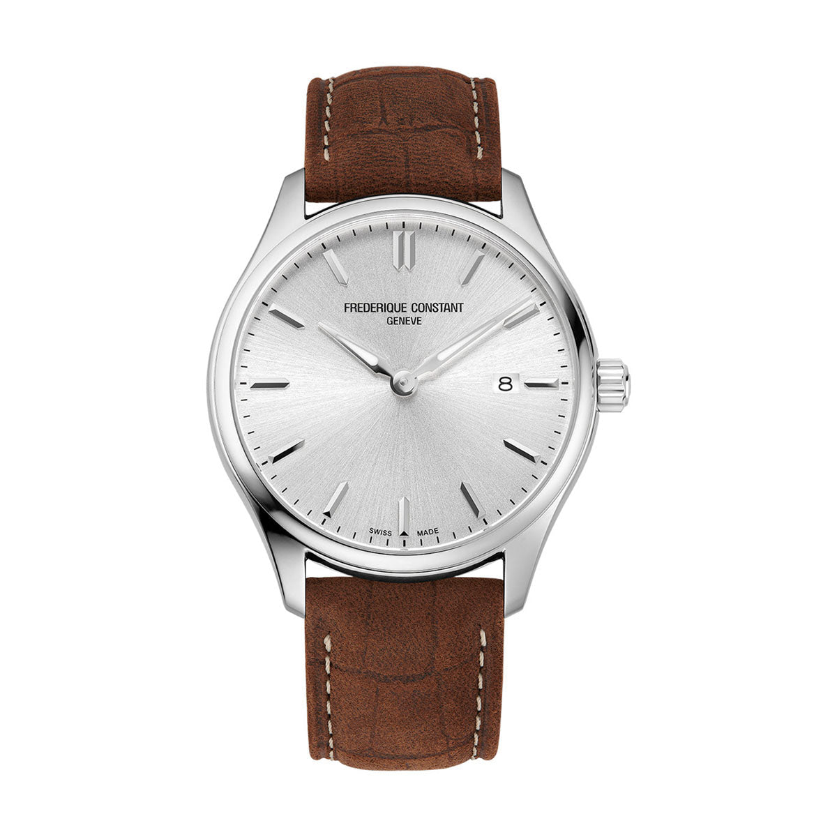 A sophisticated silver watch from the Frederique Constant Classics Quartz collection showcases a minimalist design with a sleek steel case and a brown leather strap. It features a silver dial adorned with thin hour markers, three hands, and a small date window at 3 o'clock. The brand name "Frederique Constant Geneve" is elegantly displayed, capturing the timeless charm of the 40mm watch.