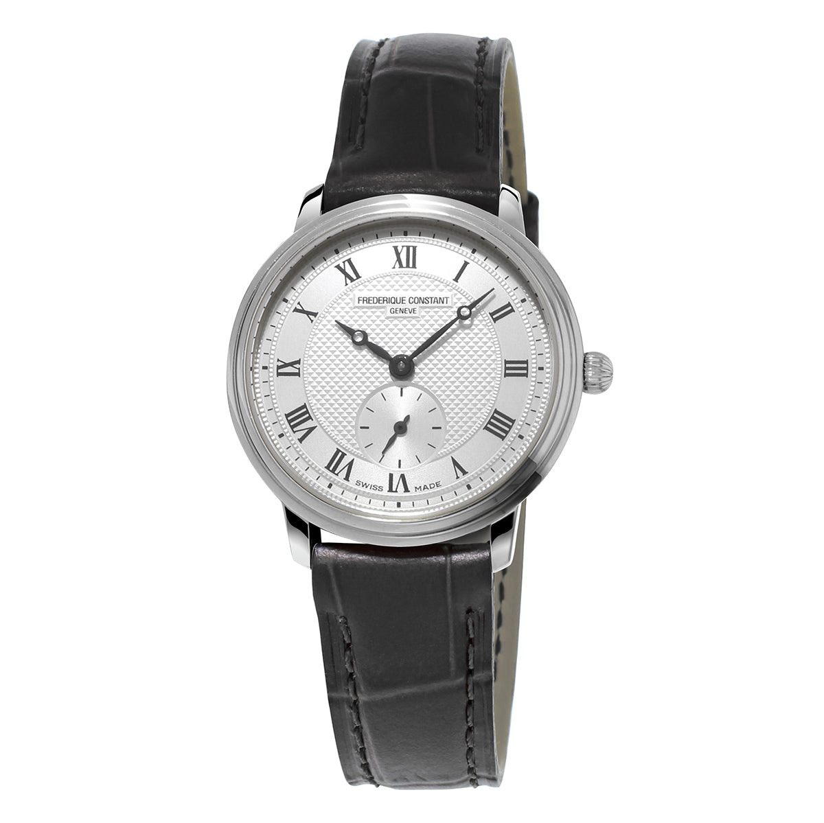 The Frederique Constant Slimline Ladies Quartz 28.6mm Watch boasts an elegant and timeless design with a silver round face, black Roman numerals, a small subdial, and a sleek silver bezel. This sophisticated look is completed with a stylish black leather strap.
