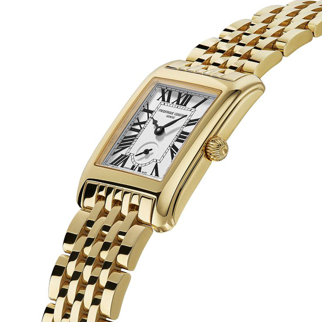 The Frederique Constant Classics Carree Quartz 36mm x 25mm watch features a gold-tone stainless steel case, rectangular white dial with black Roman numerals, and a gold linked band. The brand name appears on the face.