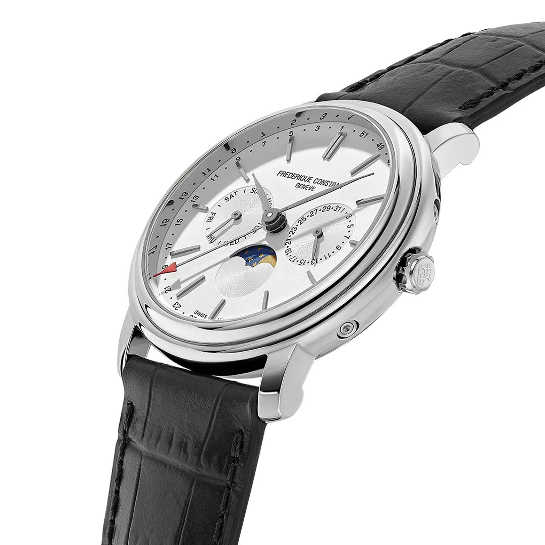 The Frederique Constant Classic Index Business Timer Quartz 40mm Watch by Frederique Constant is a luxurious timepiece featuring a black leather strap and silver casing that exudes timeless charm. Its white face showcases multiple dials, including a moon phase display, day and date indicators, and sleek hour markers for an elegant finish.